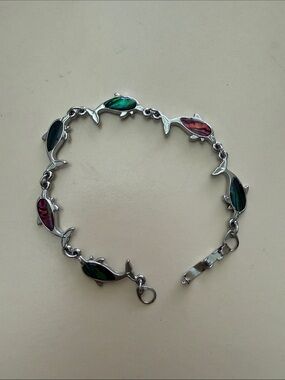 Silver Dolphin Link Bracelet with Green and Pink Shell Inlay